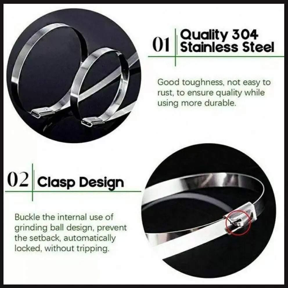 100x Stainless Steel Cable Ties SS304 Marine Grade Zip Strap Locking Wrap 100-800mm - 4.6*600mm