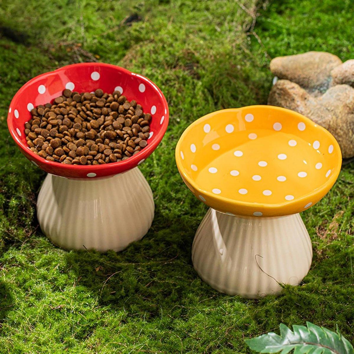 Pet Elevated Mushroom Bowl Ceramic Cat Dog Bowl Dish Food Feeder Raised Cat Bowl - Black