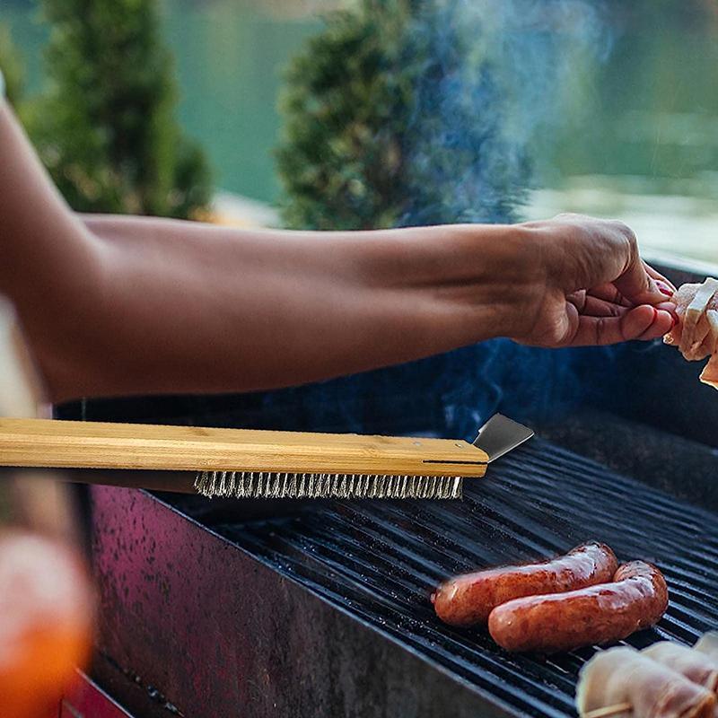 Long Handle Pizza Oven Brush Steel Wire BBQ Grill Cleaner with Scraper 57.5cm