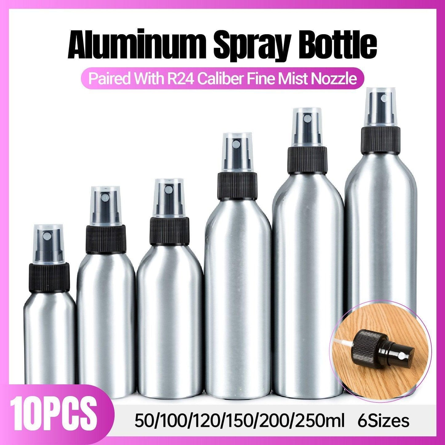 10pcs Travel Size Refillable Aluminum Spray Bottles Toner Cleaning Solution Mist - 10pcs-150ml