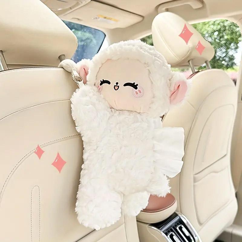 Car Tissue Box Multifunctional Hanging Drawer Box Cartoon Plush Sheep Design