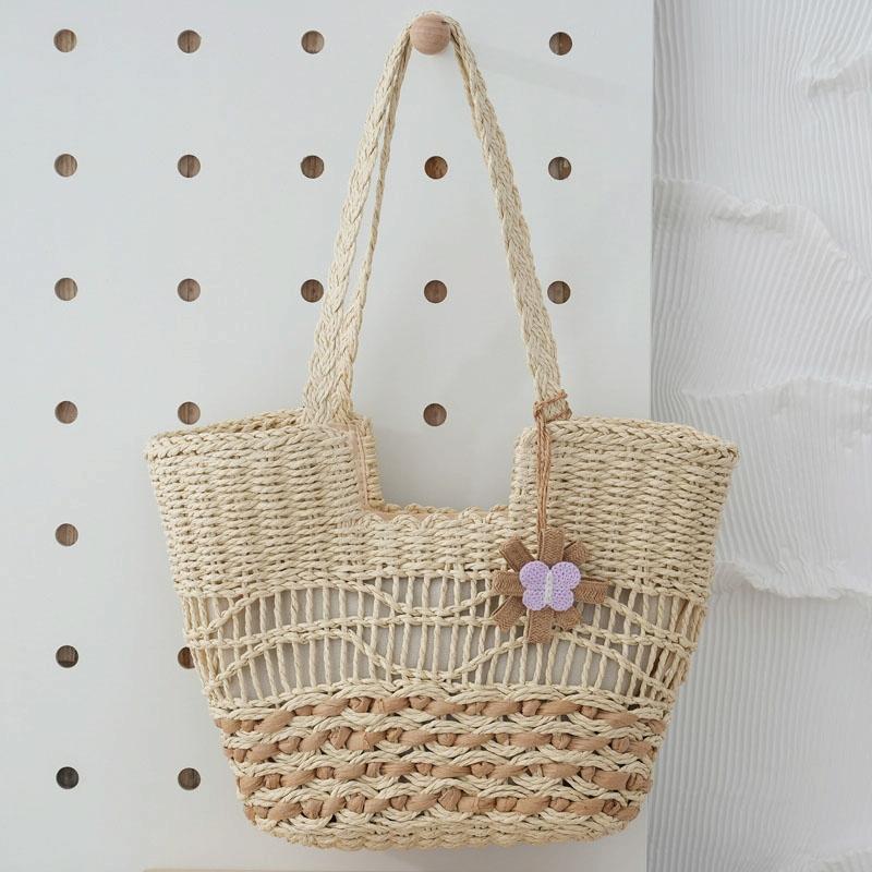 Large Capacity Straw Tote Bag with Hollow Wave Design and Lining - Light Brown