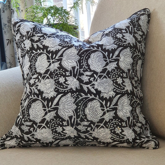 1x Kolka Black Floral Lounge Decorative Cushion Soft Cotton Cover - Black
