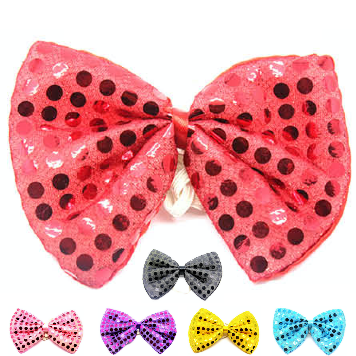 SEQUIN BOW TIE Polka Dots Bowtie Party Unisex Costume 13cm x 9cm Clown - Hot Pink