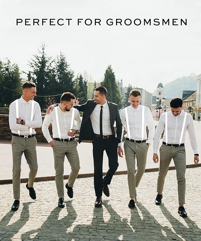 2x Mens Suspenders Braces Adjustable Strong Clip On Elastic Formal Wedding Slim - White