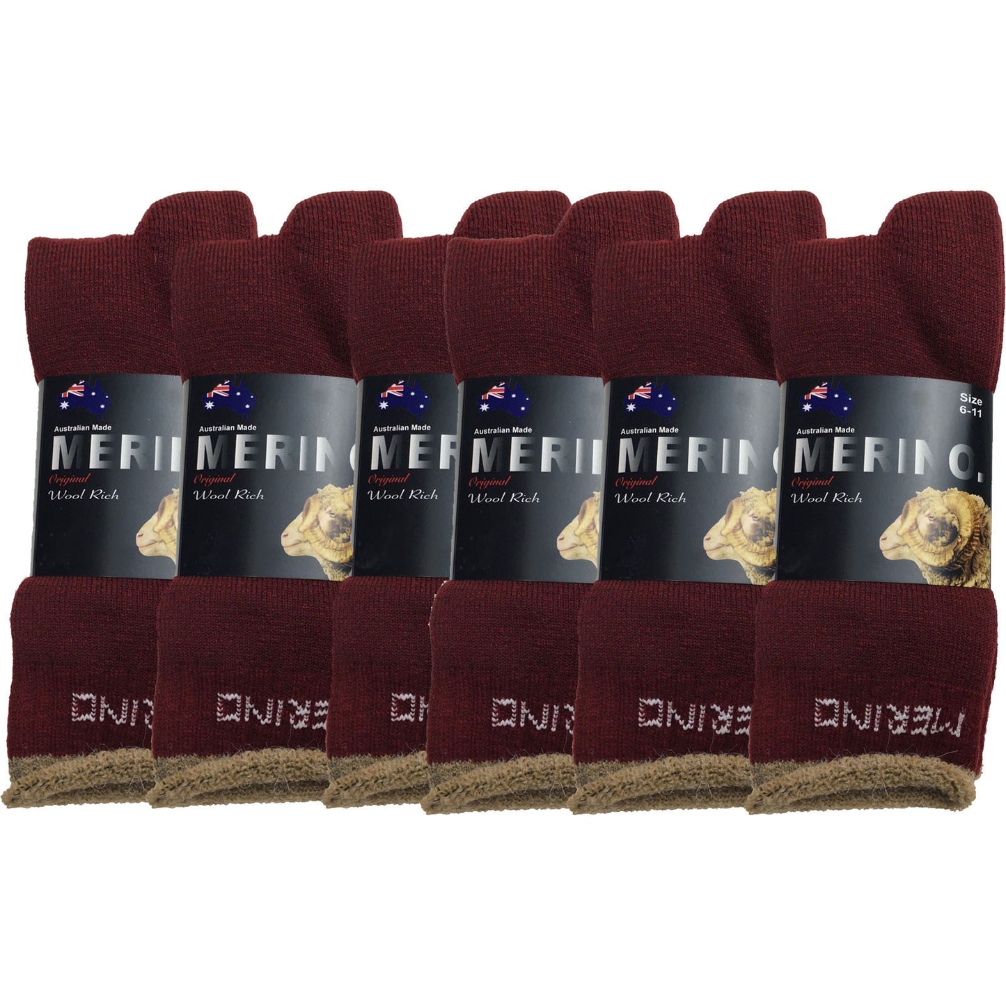 6 Pairs MERINO WOOL SOCKS Mens Heavy Duty Premium Thick Work Socks Cushion BULK - Burgundy - 11-14