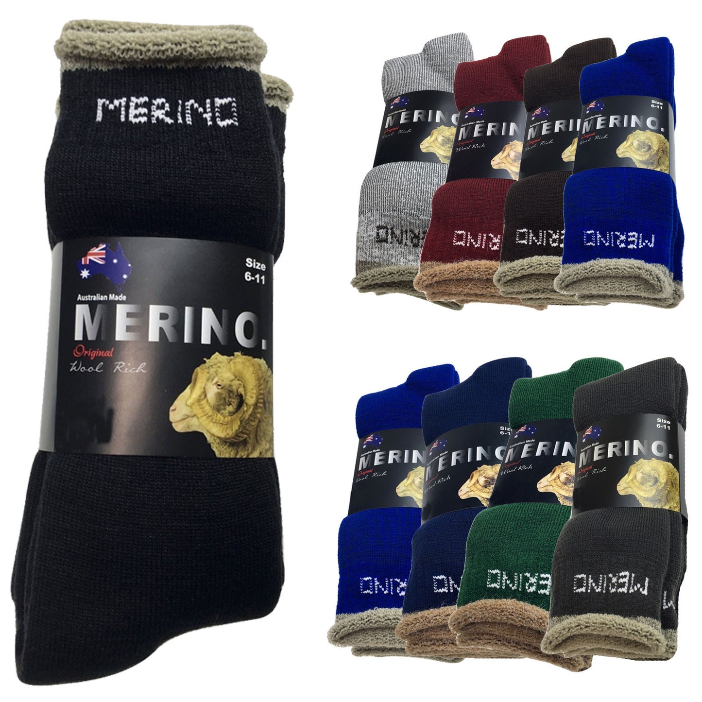 9 Pairs MERINO WOOL SOCKS Mens Heavy Duty Premium Thick Work Socks Cushion BULK - Mystery Mix of 2 Colours - 11-14