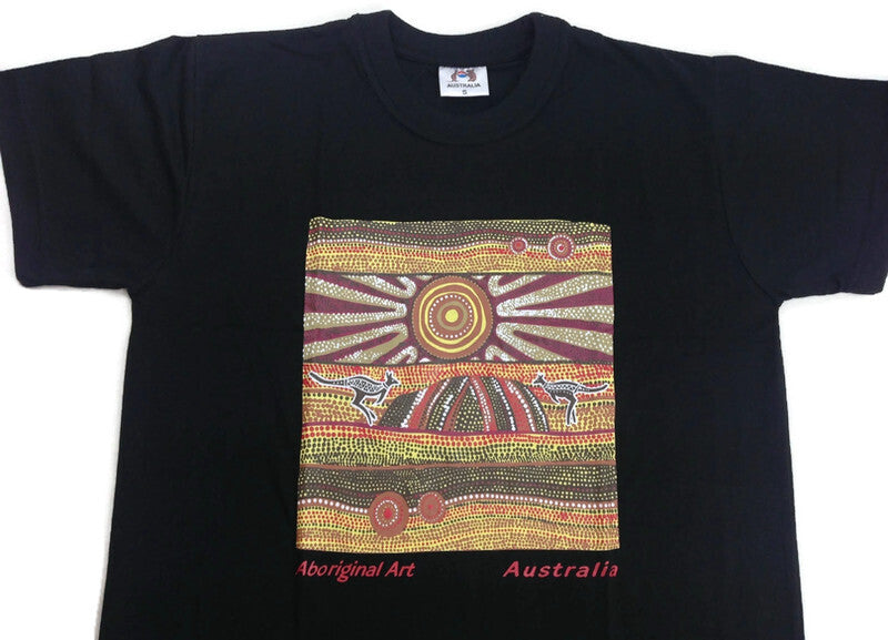 Mens Australia T Shirt Aboriginal Art 100% Cotton Souvenir Indigenous Tee - Black - XXL