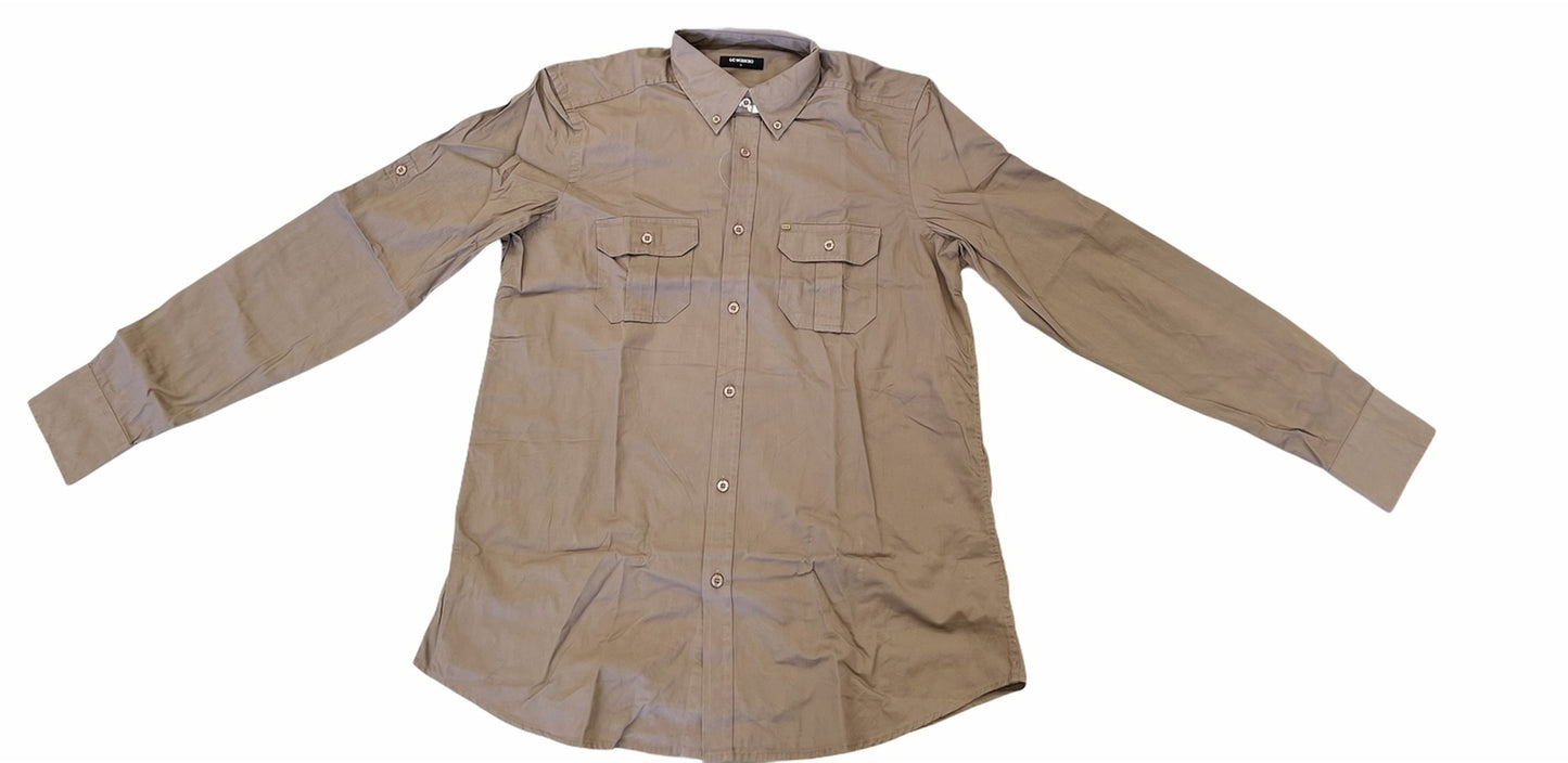 Mens Plain Slim 100% Cotton Long Sleeve Shirt Button Up Stylish Business Casual - Brown/Beige - 2XL
