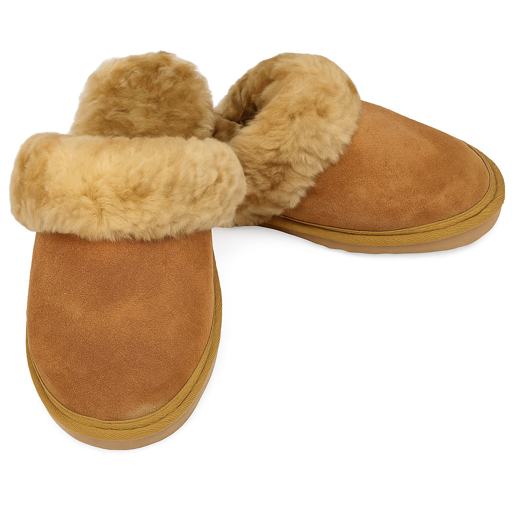 100% Sheepskin Moccasin Slippers Winter Genuine Scuffs Slip On Mens Womens - Chestnut (with fur) - 9