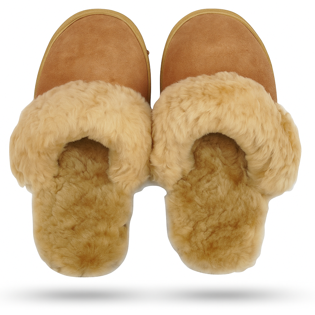 100% Sheepskin Moccasin Slippers Winter Genuine Scuffs Slip On Mens Womens - Chestnut (with fur) - 9