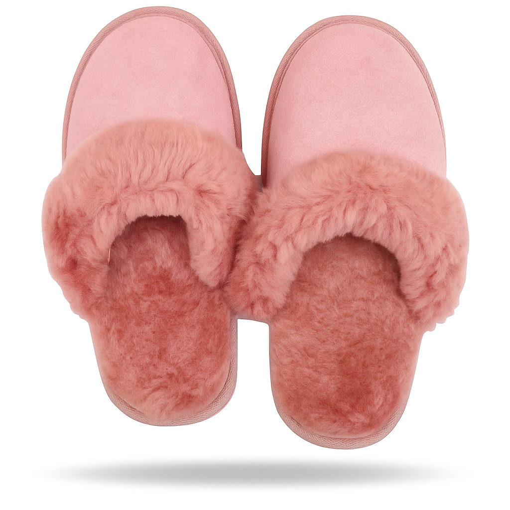 100% Sheepskin Moccasin Slippers Winter Genuine Scuffs Slip On Mens Womens - Pink (with fur) - 9