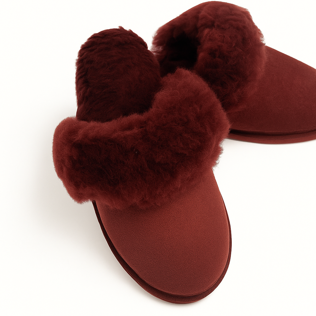 100% Sheepskin Moccasin Slippers Winter Genuine Scuffs Slip On Mens Womens - Red (with fur) - 8