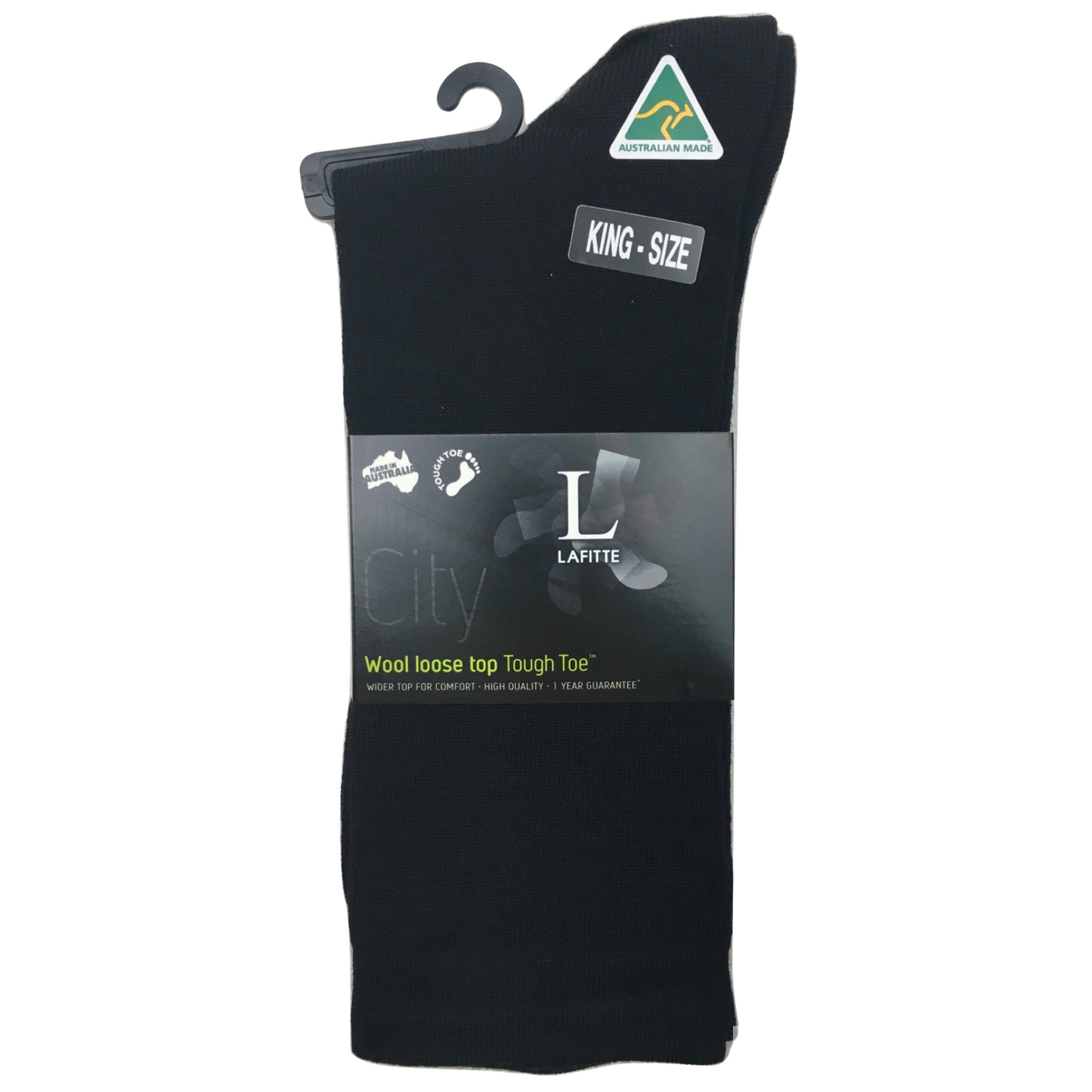 AUSTRALIAN MADE Wool Loose Top Socks Wide Top Comfort High Quality Tough Toe - Black - 6-10