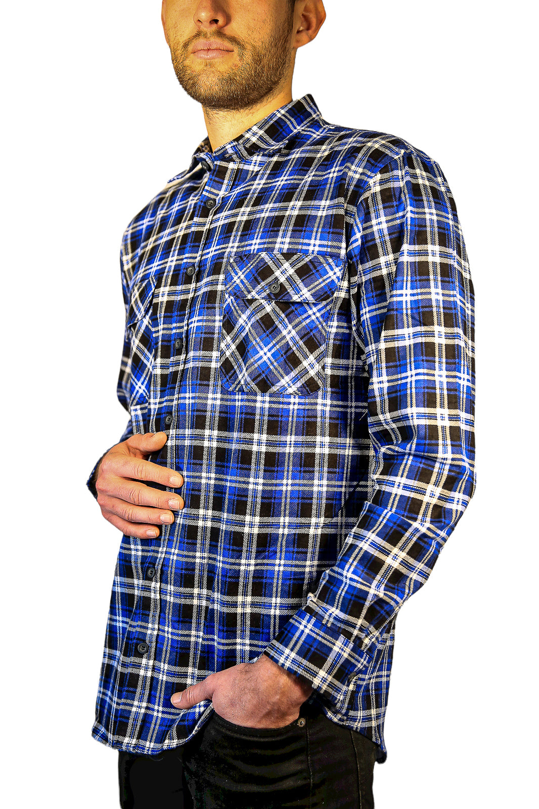 Mens 100% Cotton Flannelette Shirt Long Sleeve Check Authentic Flannel - Denim - 4XL