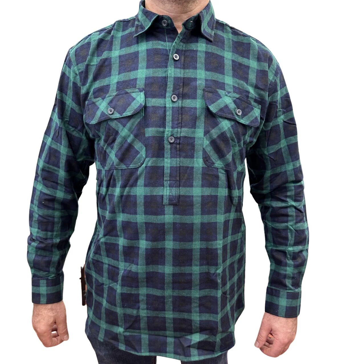 Mens Flannelette Long Sleeve Pullover Shirt 100% Cotton Flannel - Half Placket - Green/Navy - 8XL