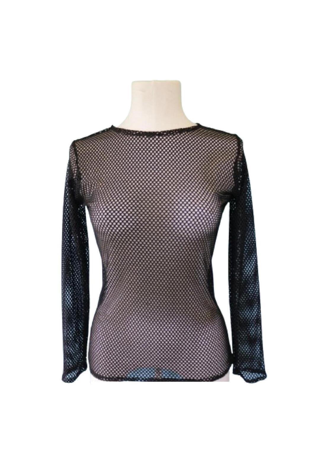 LONG SLEEVE FISHNET TOP Blouse T Shirt Tee Costume Party See Through - Black