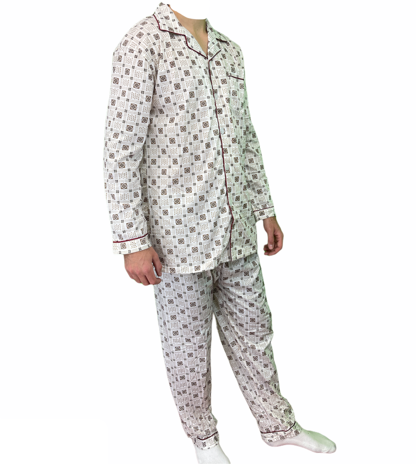 Mens Cotton Pajamas Pyjamas PJs Long Sleeve Shirt Tops + Pants Set Sleepwear - White/Brown - L