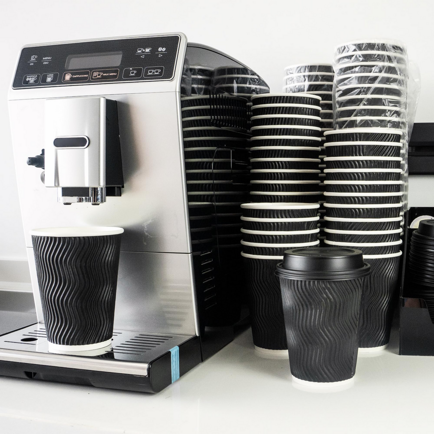 360x Triple Wall Paper Coffee Cups w/Lids (12oz) Disposable Takeaway Bulk in Black