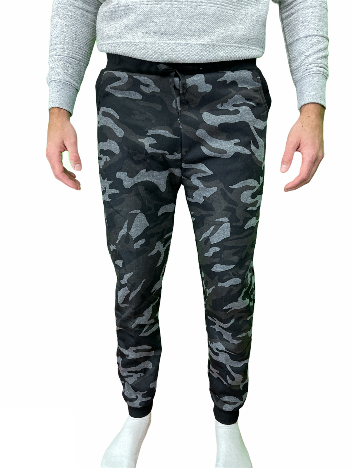 Mens Camouflage Track Pants Fleece Lined Jogger Camo Sweatpants Trackies - Black/Grey - Small/Medium (28""-32"")