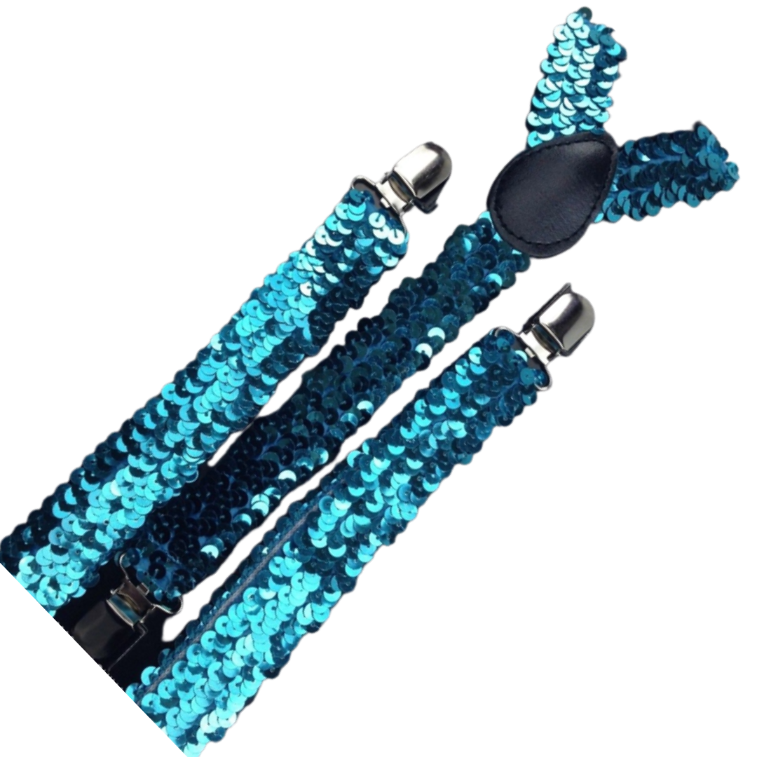 Mens Suspenders Braces Adjustable Strong Clip On Elastic Formal Wedding Slim - Blue (Sequin)
