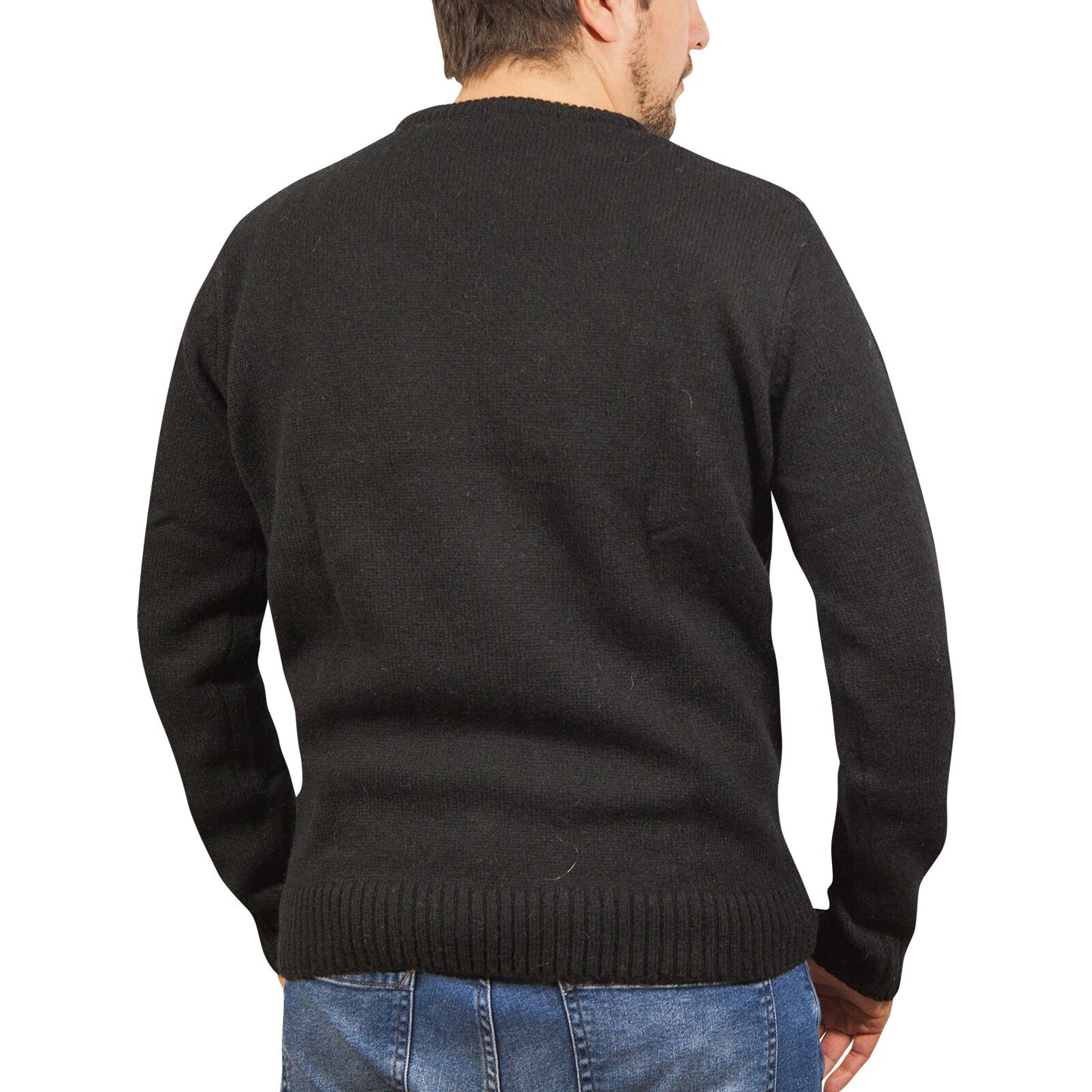 100% SHETLAND RAGG WOOL CREW Round Neck Knit JUMPER Pullover Mens Sweater Knitted - Plain Black - XXL