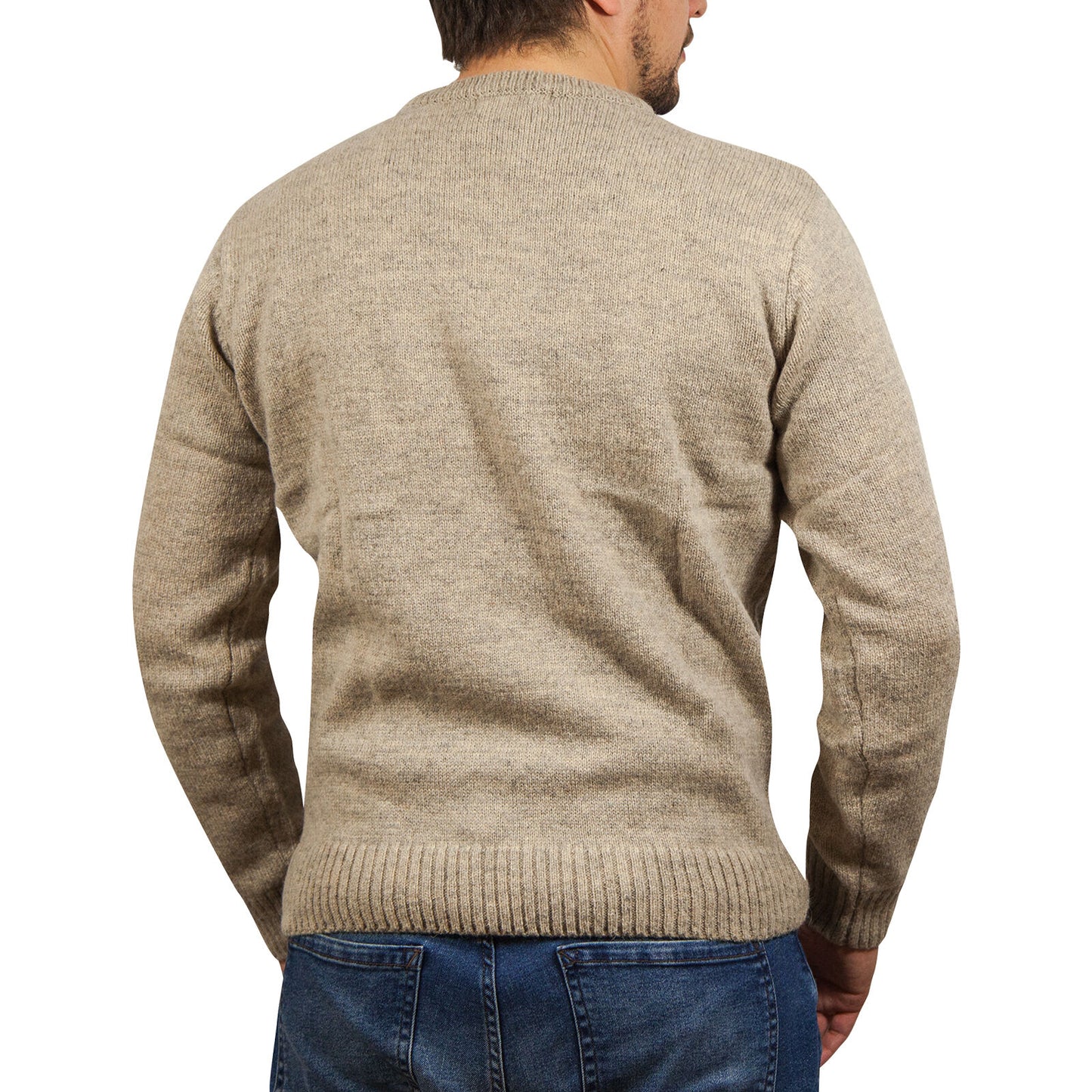100% SHETLAND RAGG WOOL CREW Round Neck Knit JUMPER Pullover Mens Sweater Knitted - Beige - XXL