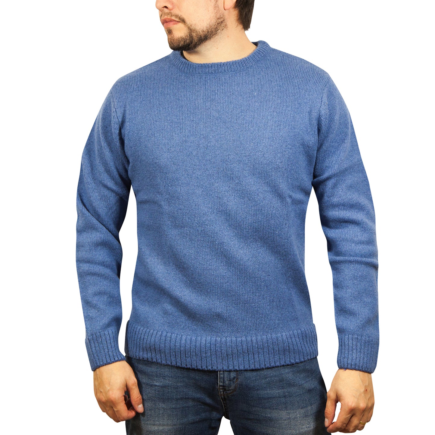 100% SHETLAND RAGG WOOL CREW Round Neck Knit JUMPER Pullover Mens Sweater Knitted - Sky - 5XL