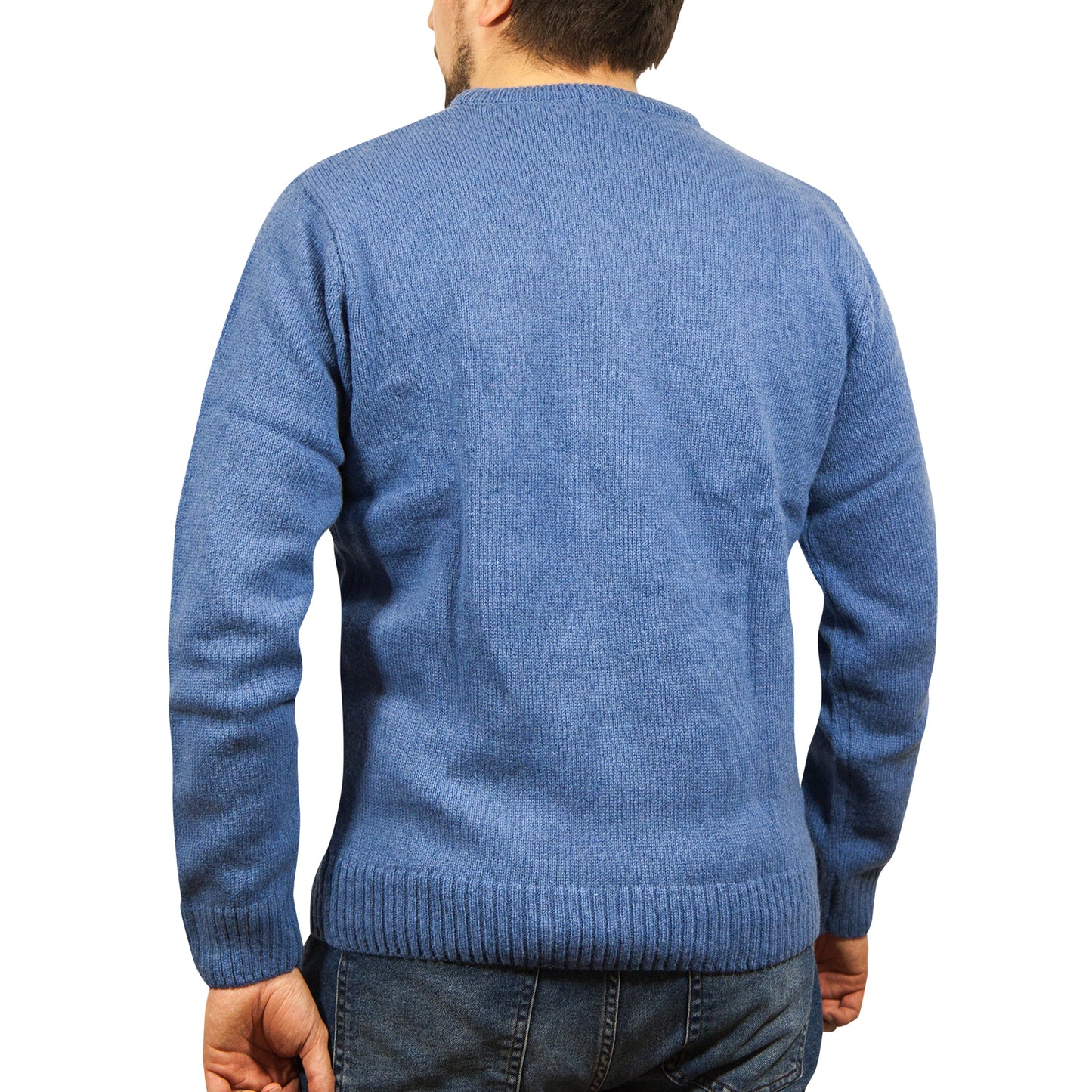 100% SHETLAND RAGG WOOL CREW Round Neck Knit JUMPER Pullover Mens Sweater Knitted - Sky - 5XL