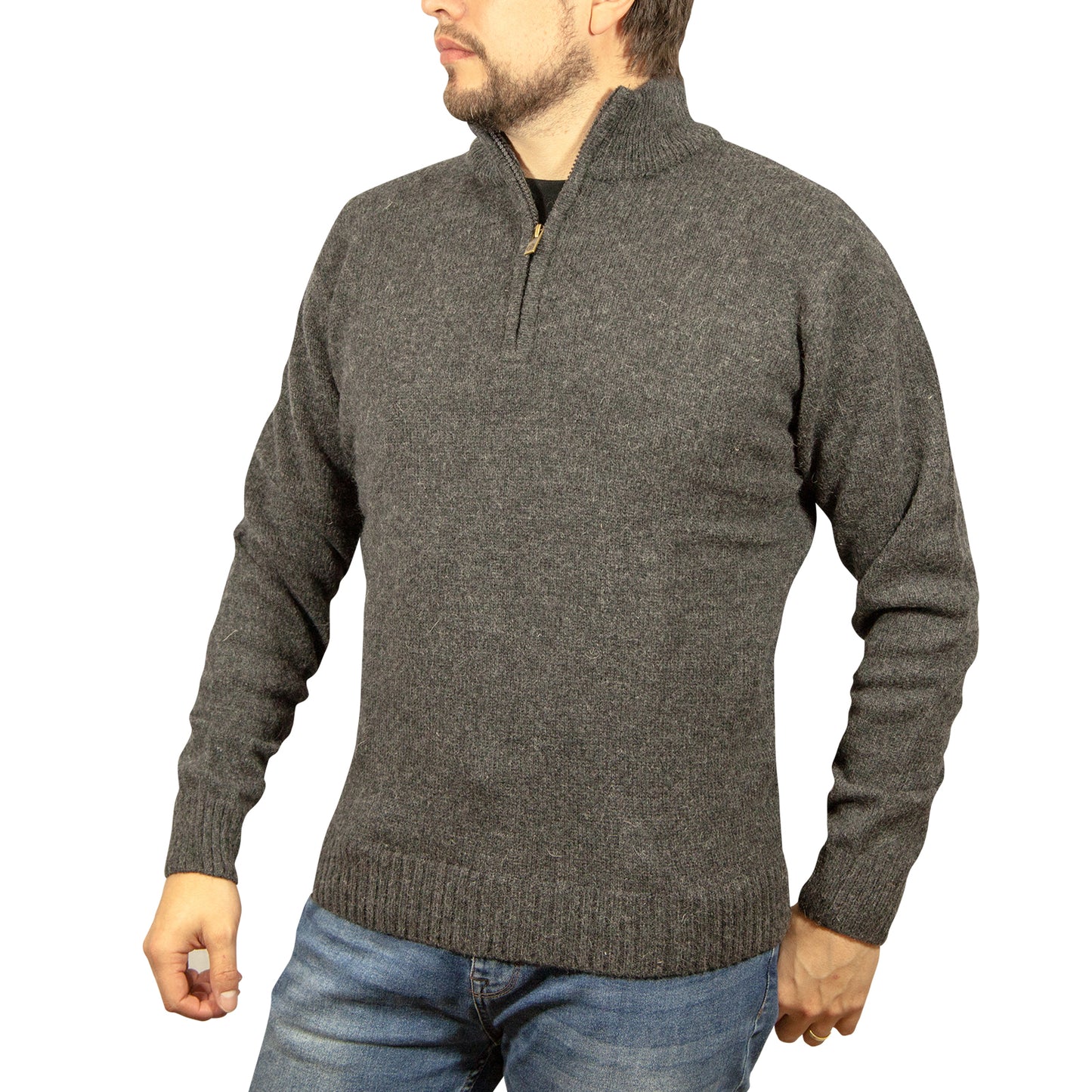100% SHETLAND RAGG WOOL Half Zip Up Knit JUMPER Pullover Mens Sweater Knitted - Charcoal - XL