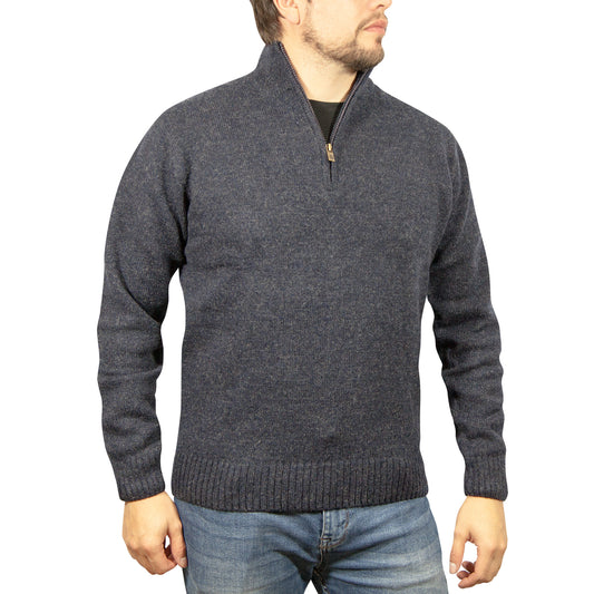 100% SHETLAND RAGG WOOL Half Zip Up Knit JUMPER Pullover Mens Sweater Knitted - Denim Blue (45) - 3XL - XL
