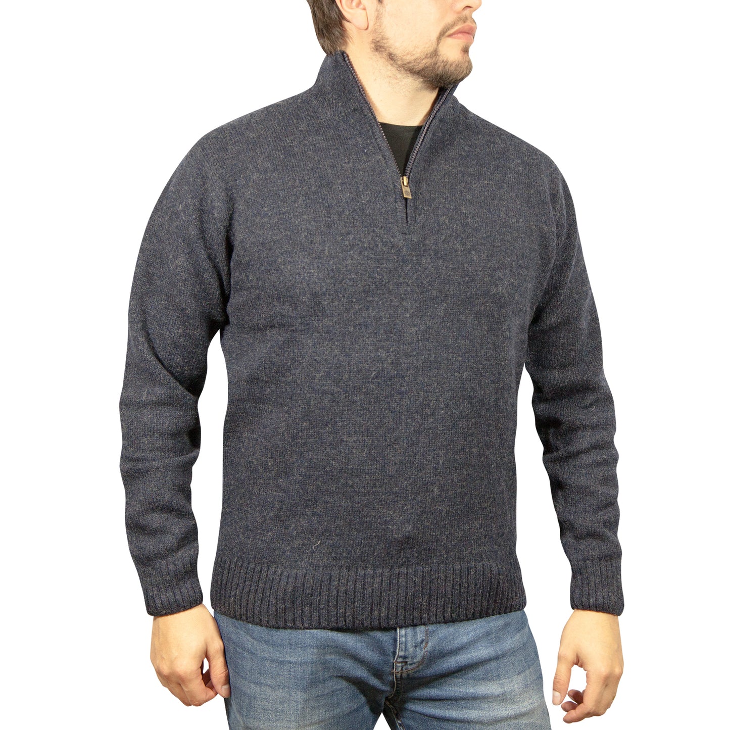 100% SHETLAND RAGG WOOL Half Zip Up Knit JUMPER Pullover Mens Sweater Knitted - Denim Blue (45) - 3XL - XL