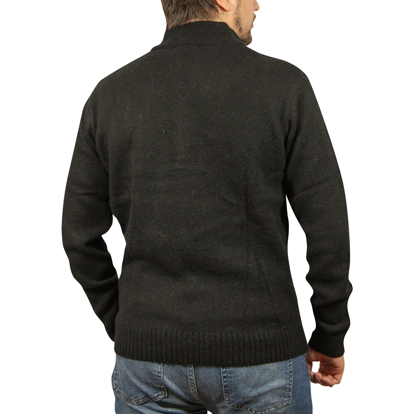 100% SHETLAND RAGG WOOL Half Zip Up Knit JUMPER Pullover Mens Sweater Knitted - Plain Black - M
