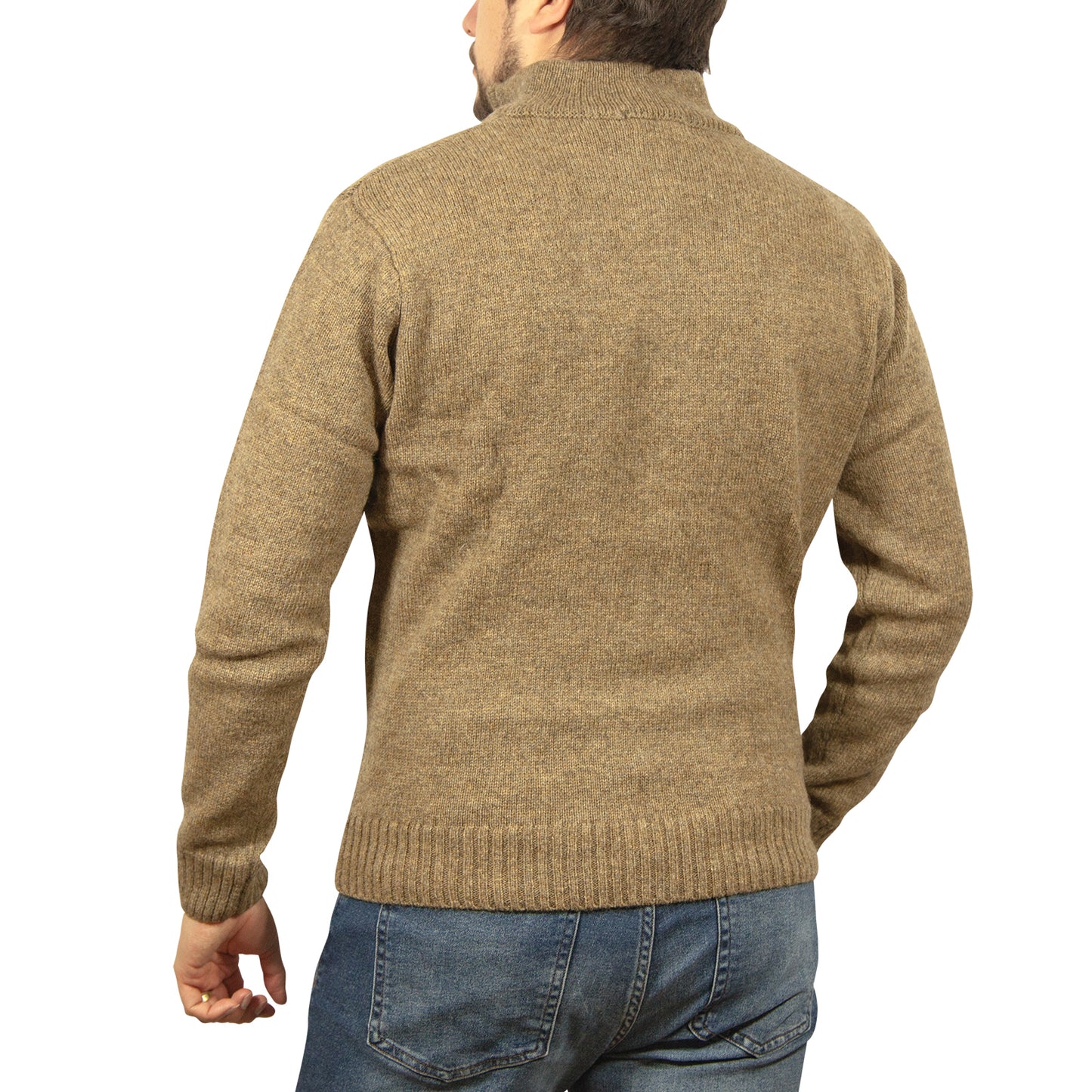 100% SHETLAND RAGG WOOL Half Zip Up Knit JUMPER Pullover Mens Sweater Knitted - Nutmeg - 4XL