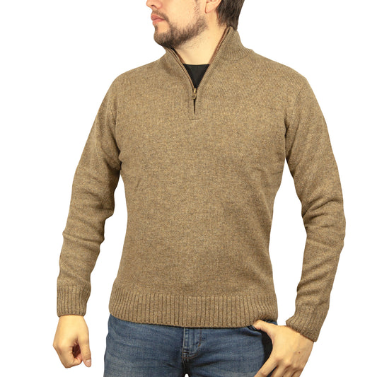 100% SHETLAND RAGG WOOL Half Zip Up Knit JUMPER Pullover Mens Sweater Knitted - Nutmeg - 5XL