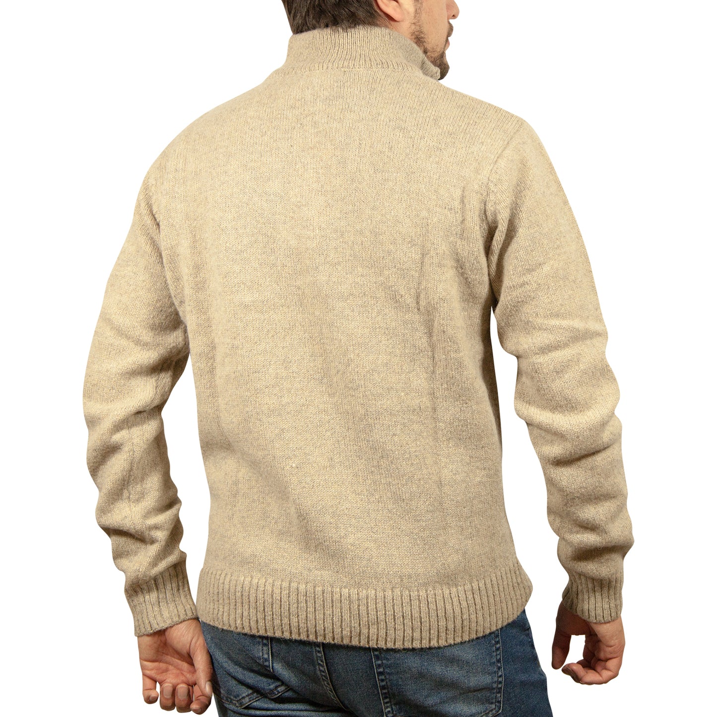 100% SHETLAND RAGG WOOL Half Zip Up Knit JUMPER Pullover Mens Sweater Knitted - Oat Marle - M