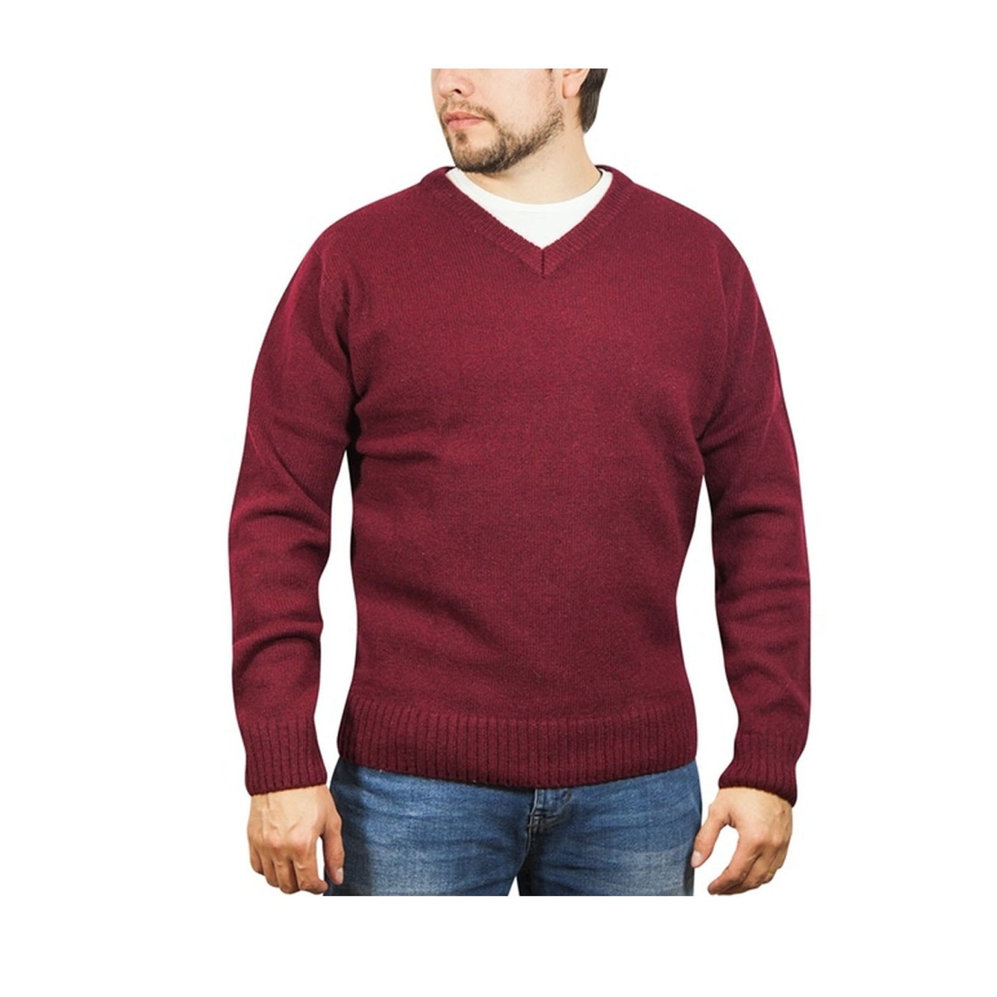 100% Shetland Ragg Wool V Neck Knit Jumper Pullover Mens Sweater Knitted - Burgundy - 3XL