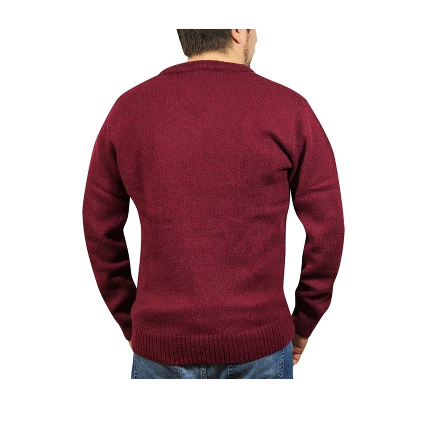100% Shetland Ragg Wool V Neck Knit Jumper Pullover Mens Sweater Knitted - Burgundy - 3XL