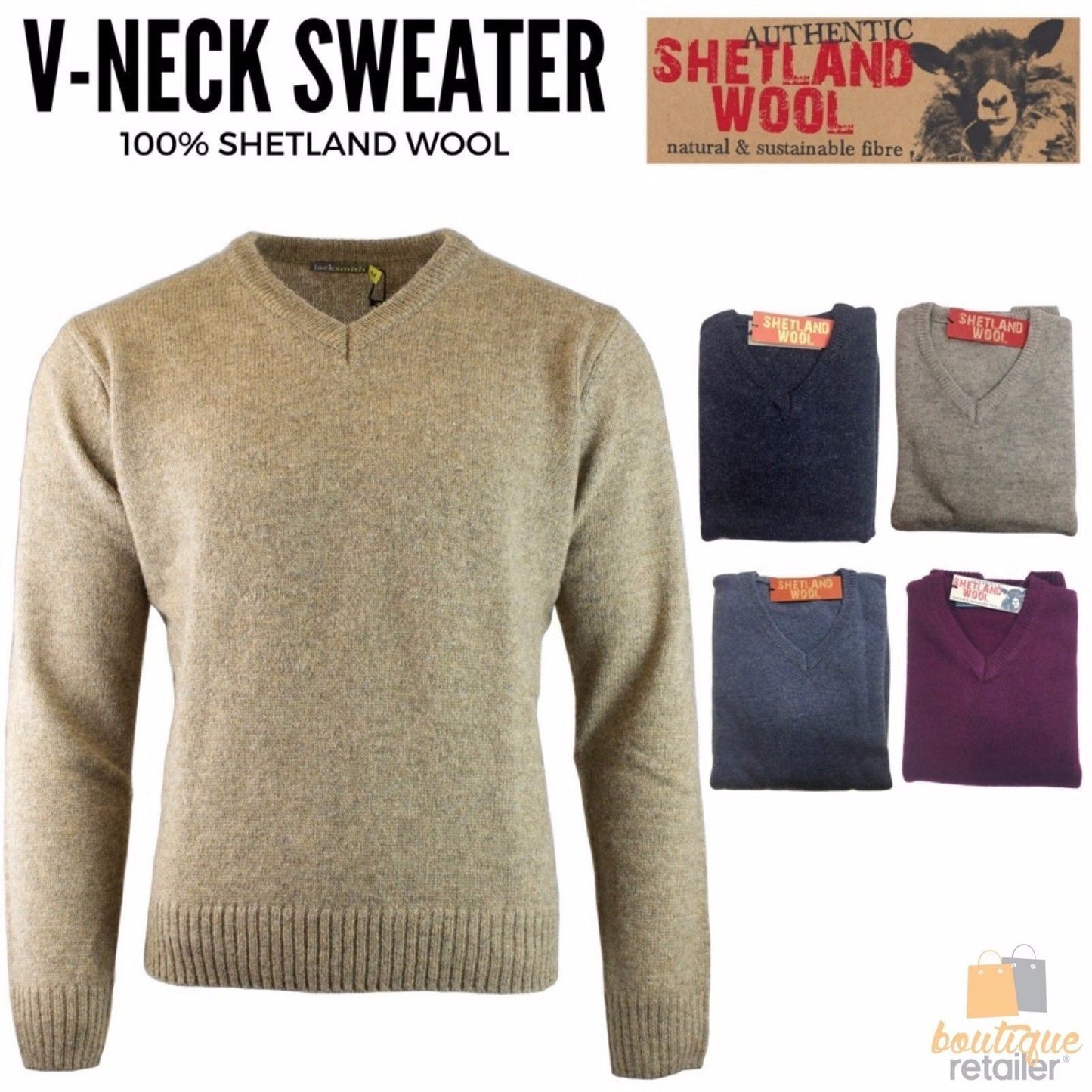 100% Shetland Ragg Wool V Neck Knit Jumper Pullover Mens Sweater Knitted - Burgundy - M