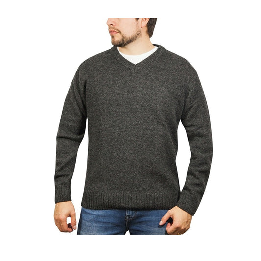100% Shetland Ragg Wool V Neck Knit Jumper Pullover Mens Sweater Knitted - Charcoal - M