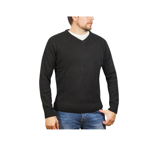 100% Shetland Ragg Wool V Neck Knit Jumper Pullover Mens Sweater Knitted - Plain Black - 4XL