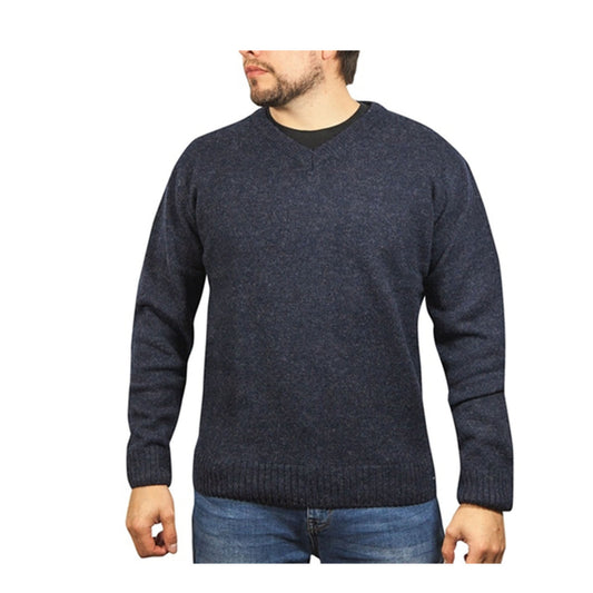 100% Shetland Ragg Wool V Neck Knit Jumper Pullover Mens Sweater Knitted - Navy - 6XL