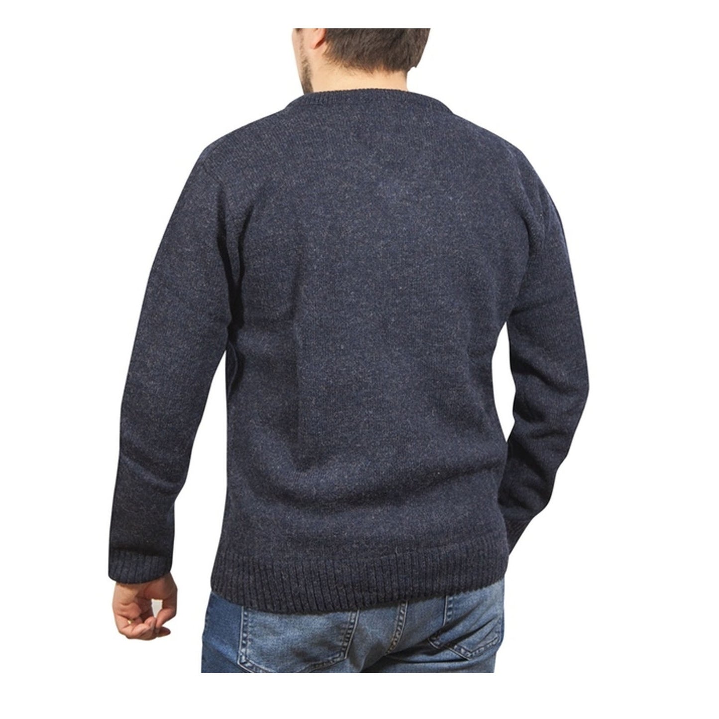 100% Shetland Ragg Wool V Neck Knit Jumper Pullover Mens Sweater Knitted - Navy - L