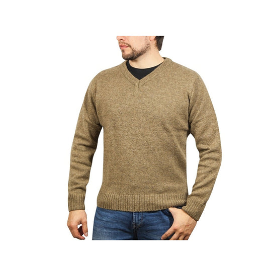 100% Shetland Ragg Wool V Neck Knit Jumper Pullover Mens Sweater Knitted - Nutmeg - L
