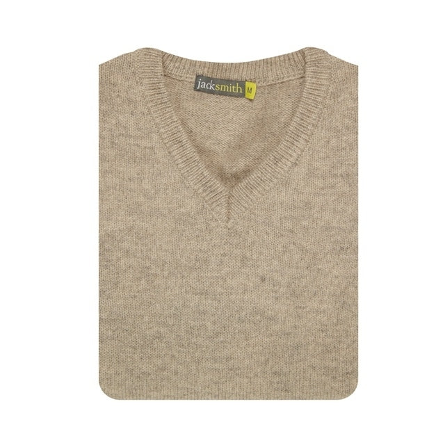 100% Shetland Ragg Wool V Neck Knit Jumper Pullover Mens Sweater Knitted - Oat Marle - XL