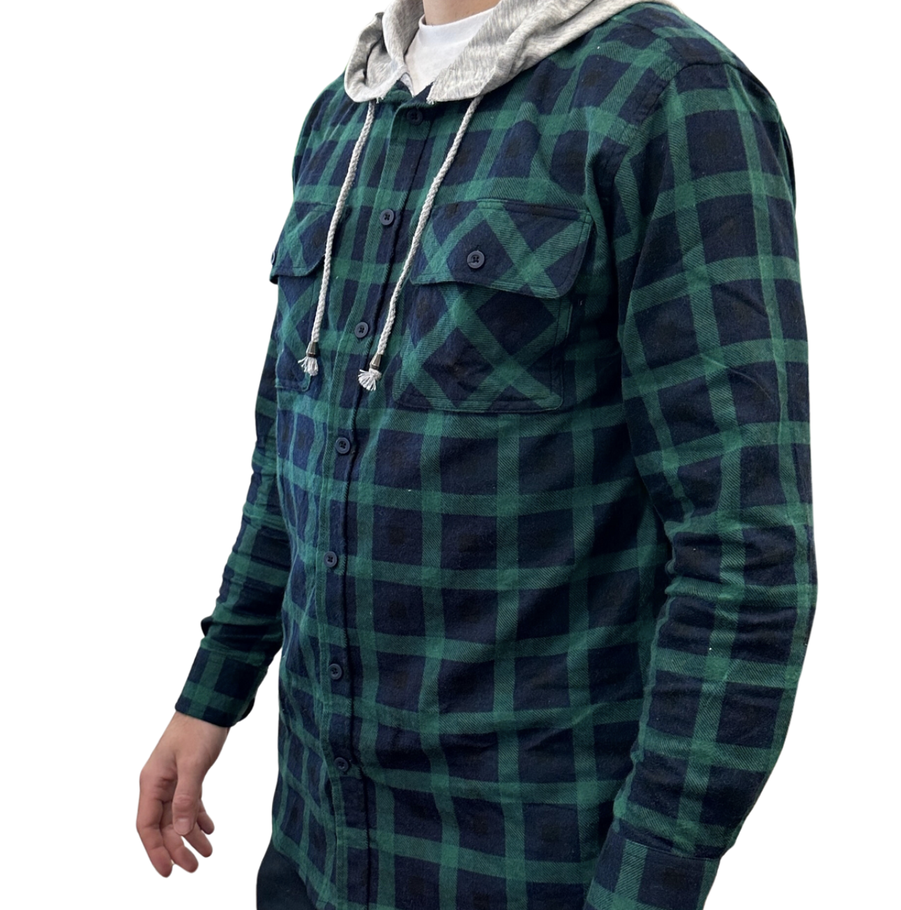Mens Cotton Flannelette Shirt w Jersey Hood Long Sleeve Flannel - Green - S