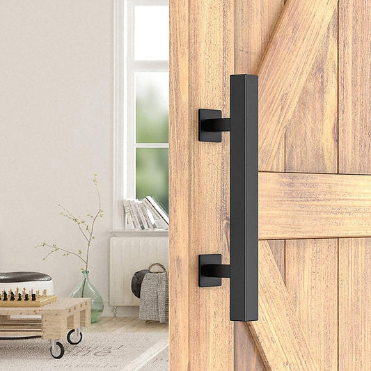 12 Square Pull and Flush Door Handle Set Black Barn Door Hardware