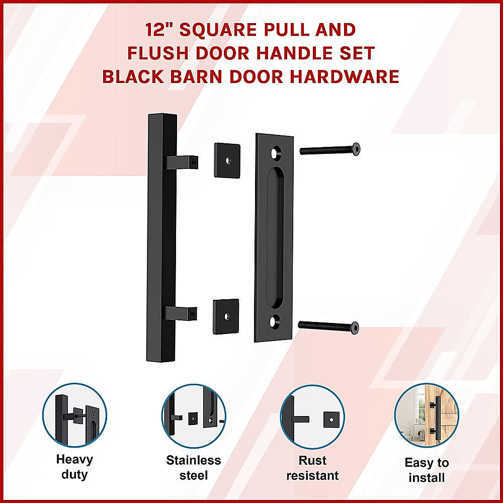 12 Square Pull and Flush Door Handle Set Black Barn Door Hardware