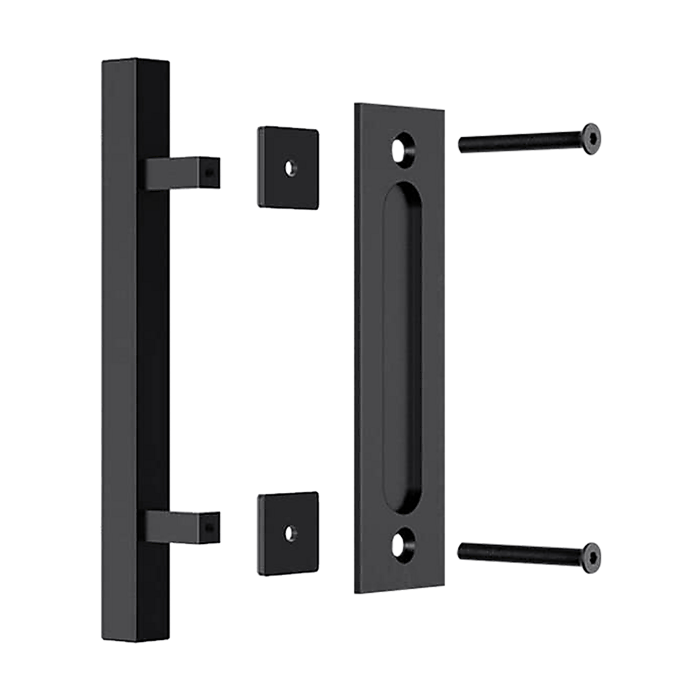 12 Square Pull and Flush Door Handle Set Black Barn Door Hardware
