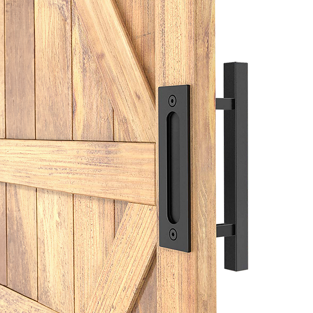 12 Square Pull and Flush Door Handle Set Black Barn Door Hardware